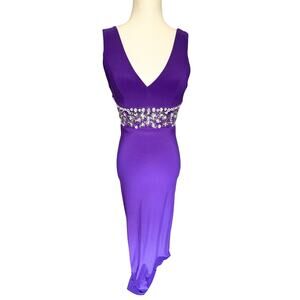 B. Darlin Purple A Line Beaded Waist Open Back Maxi Dress Gown Juniors 1/2